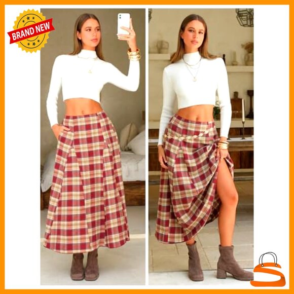 Flannel Plaid Maxi Skirt High Waist A-Line Pleated with Pockets Women's - Picture 4 of 7